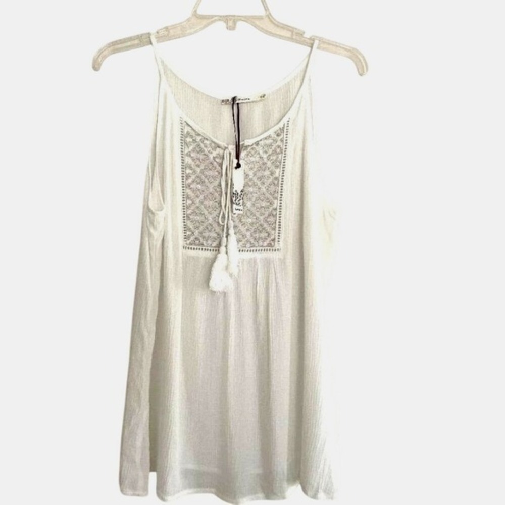 Laffaire Womens White Gold‎ Embroidered Sequin Tassel Tank Top Boho Sleeveless S